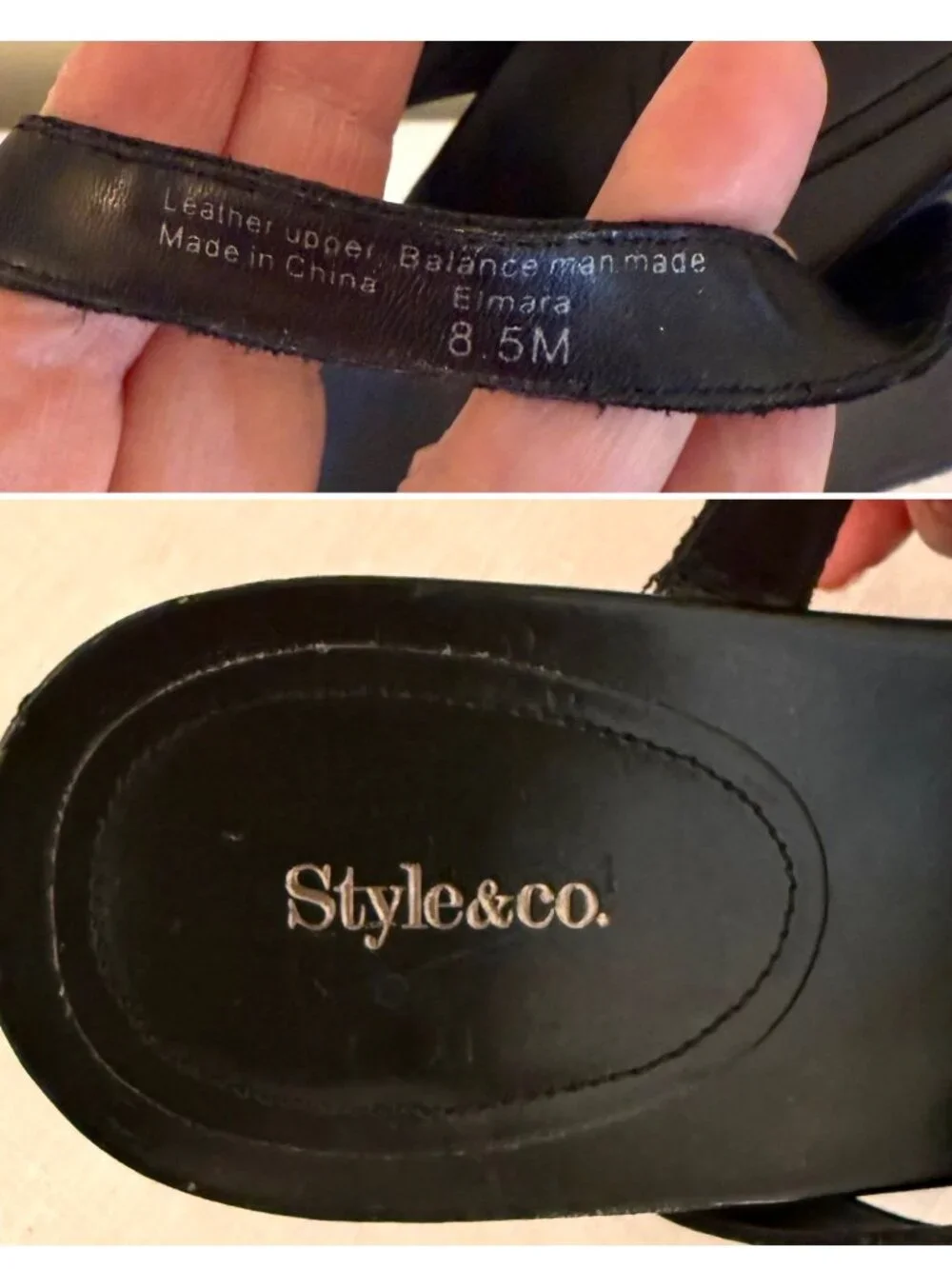 Style and Co Womens Sandals Size 8 half Elmara Black Leather Wedge Shoes